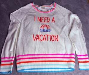 Golden Sun Vacay Ready I Need A Vacation Embroidered Striped Trim Sweater